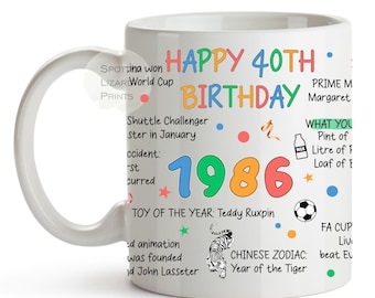 40th Birthday Mug – Born in 1986 Facts – Back in 1986 – Unique Gift for 40th Birthday – 40 Keepsake Mug for Him, Her, Friend, Son, Daughter