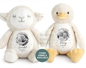 Memory Stofftier - Kuscheln vom Himmel - Memory Geschenk - Erinnerungsfoto Geschenk Trauerfall Verlust des geliebten Menschen - Sympathie - Großelternteil im Himmel