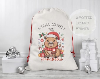 Puede incluir: Un saco de Papá Noel grande de lona blanquecina con cierre de cordón rojo. El saco presenta un carpincho de dibujos animados con gorro y bufanda de Papá Noel, rodeado de adornos y regalos navideños. El texto dice "Special Delivery for Annabella."