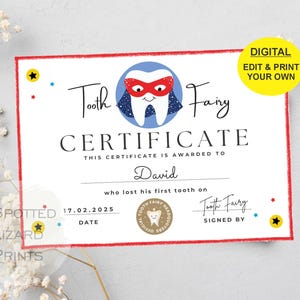 EDITABLE Tooth Fairy Certificate | First Tooth Lost | Kids Tooth Fairy | Lost Tooth Editable Template Printable Instant Download, Canva
