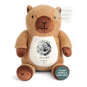 May include: A tan plush capybara toy with dark brown paws and nose. The white belly features a circular black and white photograph of a child and an adult, with the text A CUDDLE FROM Grandad IN HEAVEN xxx printed below the image.