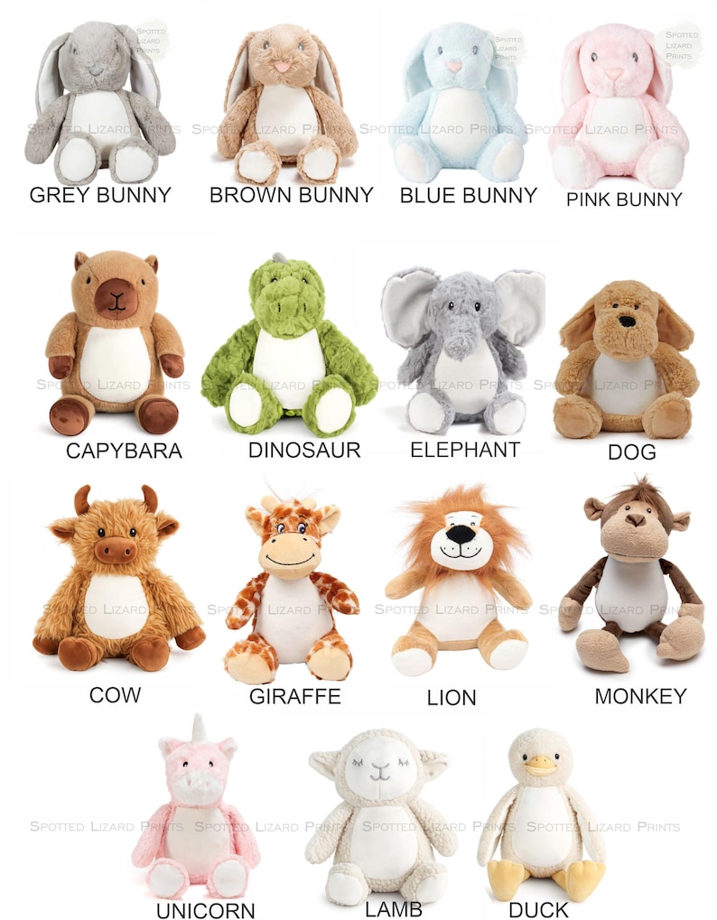 May include: A collection of fourteen plush stuffed animals including a grey, brown, blue, and pink bunny, a capybara, dinosaur, elephant, dog, cow, giraffe, lion, monkey, unicorn, lamb, and duck, each featuring a white belly and soft texture.