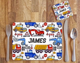 Personalised Trucks Placemat and Coaster Set, Kid's Dinner Set, Trucks gift, Children's Birthday Gift, Trucks Placemat