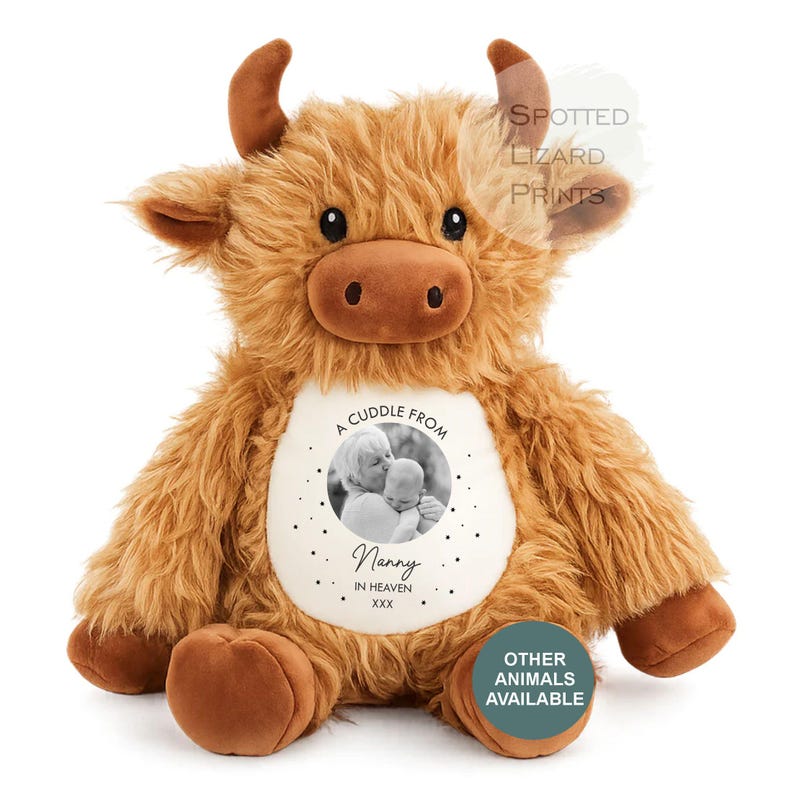 Memory Soft Toy - A Cuddle From Heaven - Memory Gift - Memorial Photo Gift Bereavement Loss of Loved One - Sympathy - Grandparent in Heaven Cow