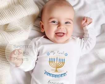 My First Hanukkah Personalised Baby Outfit | Custom Name Hanukkah Sleepsuit Vest Romper | 1st Hanukkah Gift | Jewish Baby Clothing Hanukkah