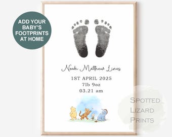 Stampa personalizzata per la cameretta con kit di impronte di piedini del bambino / Ricordo di impronte di mani e piedi del bambino / Decorazione murale con i dettagli della nascita / Regalo per neonato / A4