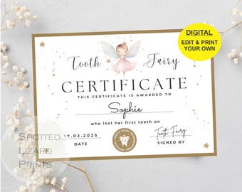 EDITABLE Tooth Fairy Certificate | First Tooth Lost | Kids Tooth Fairy | Lost Tooth Editable Template Printable Instant Download, Canva