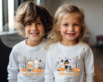 Personalisierter Halloween-Pullover für Kinder | Niedlicher Kürbis-Halloween-Pullover | Individueller „Süßes oder Saures“-Pullover | Hexe, Katze oder Mumie/Zombie