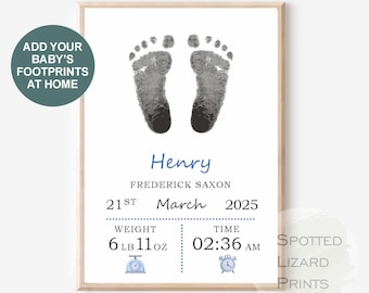 Personalised Baby Footprint Kit Nursery Print A4 | Baby Handprint Keepsake with Birth Details UK | Newborn Memory Print | Custom Baby Gift