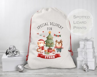 May include: Personalized Christmas gift bag with a red and white drawstring. The bag features a Santa Claus, a reindeer, and a Christmas tree with the text "Special Delivery For Ethan".