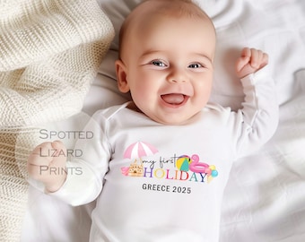 My First Holiday Outfit Personalised | Baby Travel Outfit Custom Name | First Holiday Baby Grow Vest Romper T Shirt | Kids Airport Outfit UK
