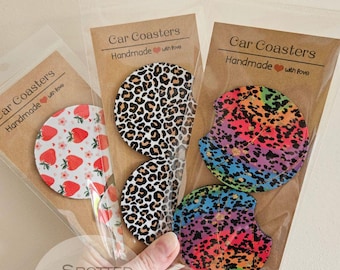 Car Coasters Set of 2 | Strawberry Car Coasters | Leopard Print Car Accessories | Neon Print Cup Holder Coasters | Cute Car Gifts | Car Cup