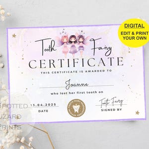 EDITABLE Tooth Fairy Certificate | First Tooth Lost | Kids Tooth Fairy | Lost Tooth Editable Template Printable Instant Download, Canva