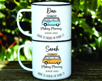 Camper Van Mugs, personalised Mug, Enamel Mug, personalised enamel Mug gift, camping gift, mug for camping, home is where we park it mug