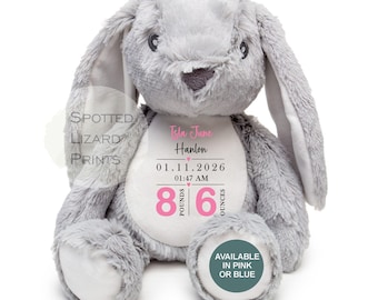 Peluche personalizado, regalo de nacimiento, regalo para baby shower, regalo para recién nacido, recuerdo para bebé, niño, regalo para recién nacido, conejito, osito, para nuevos padres.