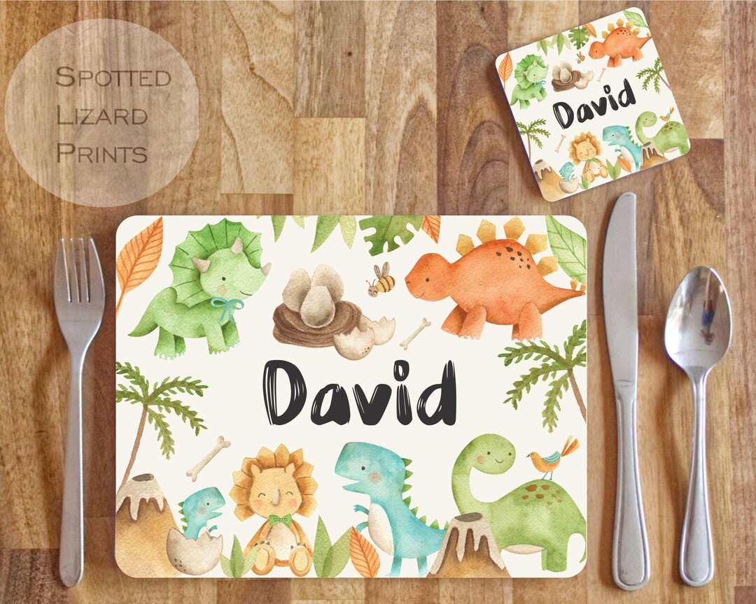 Personalised Dinosaur Placemat and Coaster Set, Kid's Dinner Set ...