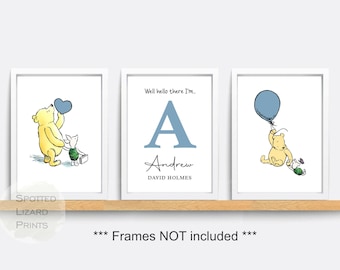 Winnie Puuh Druck fürs Kinderzimmer 3er Set A4 | Baby Wandbild Name | Neutral Rosa Blau Kinderzimmer Dekor | Babyzimmer Drucke Geschenk