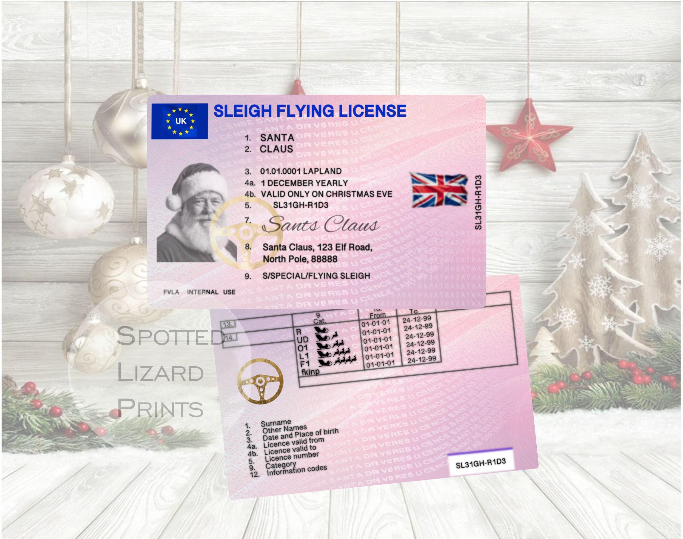 Weihnachtsmann-Führerschein, verlorener Weihnachts-Führerschein, verlorener Weihnachts-Flugführerschein, Schlitten des Weihnachtsmanns, Weihnachtsmann-Führerschein, Weihnachtsführerschein