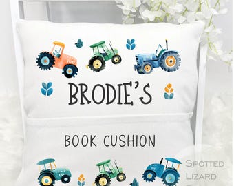 Personalised Children’s Book Cushion | Bedtime Story Cushion | Kids Reading Cushion with Pocket | Tractor Cushion | Custom Name Gift