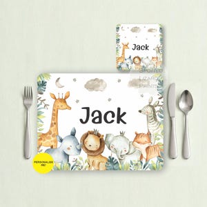 Personalized Safari Animals Placemat and Coaster Set, Kids Safari Tableware, Custom Name Placemat, Jungle Animal Gift for Children, Handmade