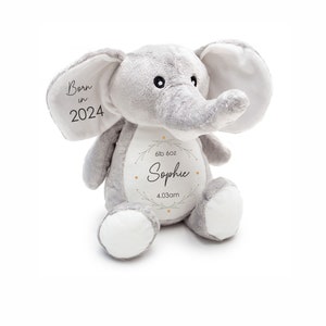 Personalised Born in 2024 Elephant Soft Toy Name, Weight and Time of Birth - Baby Shower - Baby Gift - Baby Girl Baby Boy - Higgle Bears