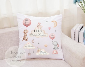 Personalised New Baby Cushion | Safari Nursery Cushion | Baby Birth Stats Cushion | Jungle Animal Nursery Decor | Baby Boy Gift | Baby