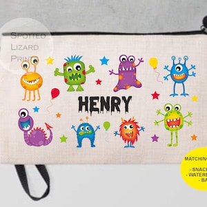Estuche personalizado para niños – Diseño de monstruos – Accesorio para mochila escolar infantil – Regalo para la vuelta al cole con nombre impreso