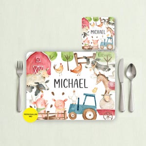 Set personalizzato di tovagliette e sottobicchieri a tema fattoria per bambini, set per la cena con animali della fattoria e nome personalizzato, tovaglietta per la pappa dei più piccoli, regalo di compleanno per bambini.