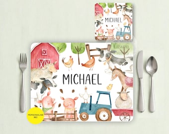 Personalisiertes Platzset & Untersetzer-Set für Kinder, individueller Name Bauernhof-Tiere Ess-Set, Kleinkind-Mahlzeit-Tischset, Jungen-Geburtstagsgeschenk