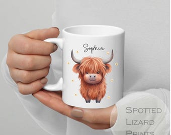 Personalised Highland Cow Mug / Coaster for Mum / Mummy - Set - Cute Highland Cow - Mother&#39;s Day