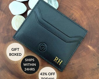 Porte-cartes personnalisé en cuir avec initiales personnalisées, porte-cartes en cuir gaufré pour lui, porte-cartes anti-RFID, porte-cartes mince pour hommes