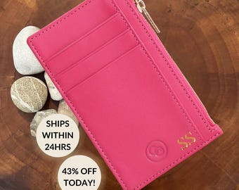 Porte-cartes personnalisé monogramme pour femme, porte-monnaie pour femme, porte-cartes en cuir personnalisé avec fermeture éclair et blocage Rfid
