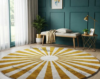 Hand-Tufted Woolen Area Rug: Golden Yellow Sunburst Design