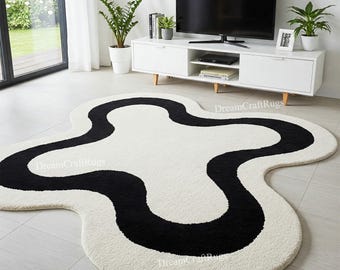 Irregular Hand-Tufted Carpet White and Black 100% Wool Area Handmade Rug for Bedroom, Living Room, Homedecor, Personalized Gifts, Kids Room,