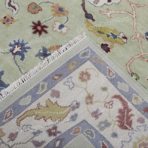 Hand-Knotted Wool Oushak Rug: Greenish Turkish Style, 8x10