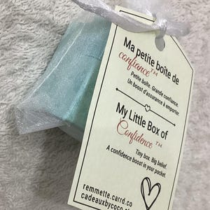 May include: A small, pale blue gift box, wrapped in a sheer, light blue fabric and tied with a white ribbon. The tag reads "My Little Box of Confidence" with a heart symbol and website details.