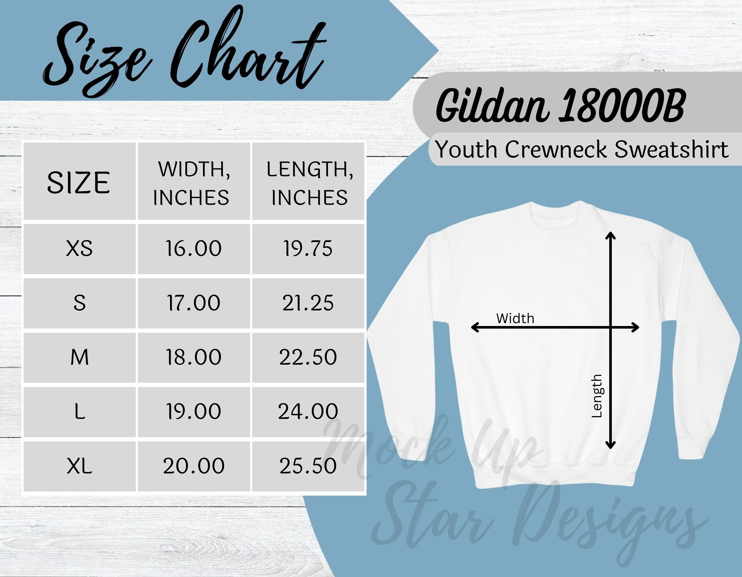 Gildan 18000B Size Chart | Gildan Youth Sweatshirt Size Chart | 18000B Size  Chart | Gildan Kids Size Chart | Gildan 18000B Mockup