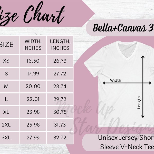 Bella Canvas 3005 Size Chart | Bella+Canvas 3005 V-Neck Size chart | 3005 Unisex Jersey Short Sleeve V-Neck Tee | Bella Canvas 3005 Mockup