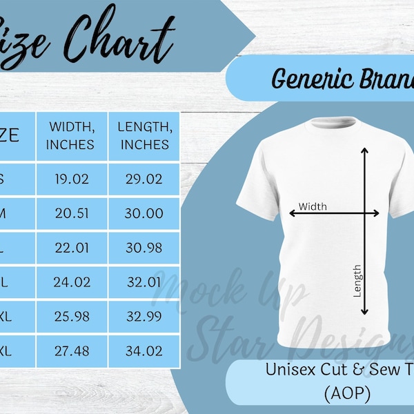 Generic Brand Unisex Cut & Sew Tee Size Chart | All Over Print Generic Brand T-Shirt Size Chart Mockup | Generic Brand AOP T-Shirt Mockup