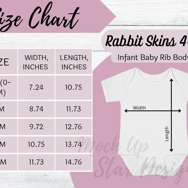 Rabbit Skins 4400 Size Chart | Rabbit Skins Infant Baby Bodysuit Size Chart | Rabbit Skins 4400 Size Guide | Rabbit Skins 4400 Mockup