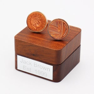 Personalized Bronze Penny Cufflinks: Engraved Gift with Walnut Box