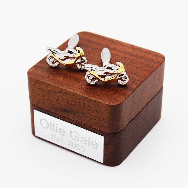 Personalised Two Tone Motorcycle Cufflinks | Motorbike Gift with Personalised Gift Box, Motorsport Themed Gift for Wedding/Anniversary