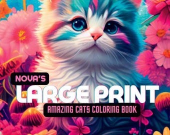 Large Print Cats Coloring Book, Relaxing Feline Art (Digital Download)