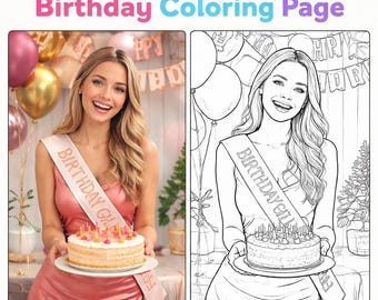 May include: A birthday coloring page with the text "Birthday Coloring Page" at the top. The image shows a woman holding a birthday cake. The left side is a color photo, and the right side is a black and white outline.