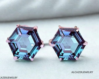 Pendientes vintage de alejandrita hexagonal con piedra que cambia de color