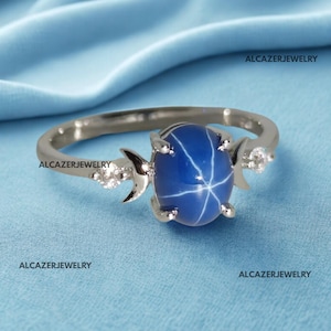 14K Gold Blue Star Sapphire Ring – Sterling Silver Lindy Star Sapphire Ring for Women Blue Star Gemstone Ring, Bridal & Engagement Jewelry