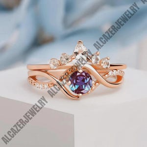 Ensemble de bagues en alexandrite vintage, jonc d'Alexandrite en or rose, ensemble de mariage en alexandrite pour elle, bague ancienne pour femme, ensemble de bagues de promesse pour cadeau