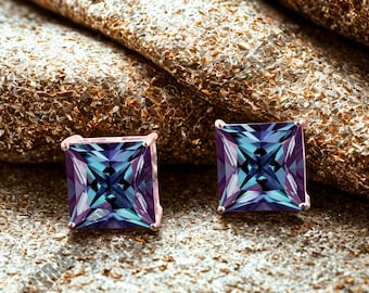 Pendientes de alejandrita, corte princesa, plata de ley, gema que cambia de color