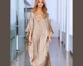 Kaftan Long Satin Dress, Champagne Gold Dress, Elegant Casual Dress For Spring & Summer, Women's Clothing, Wedding Guest, Beach Coverup