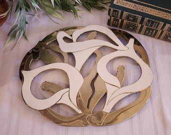 Brass & White Enamel Calla Lily Trivet Art Nouveau Style Floral Wall Hanging 1980s